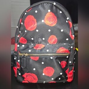 Beautiful LD Floral Rose Black and Red Backpack with Gorgeous Polka Dot Interior